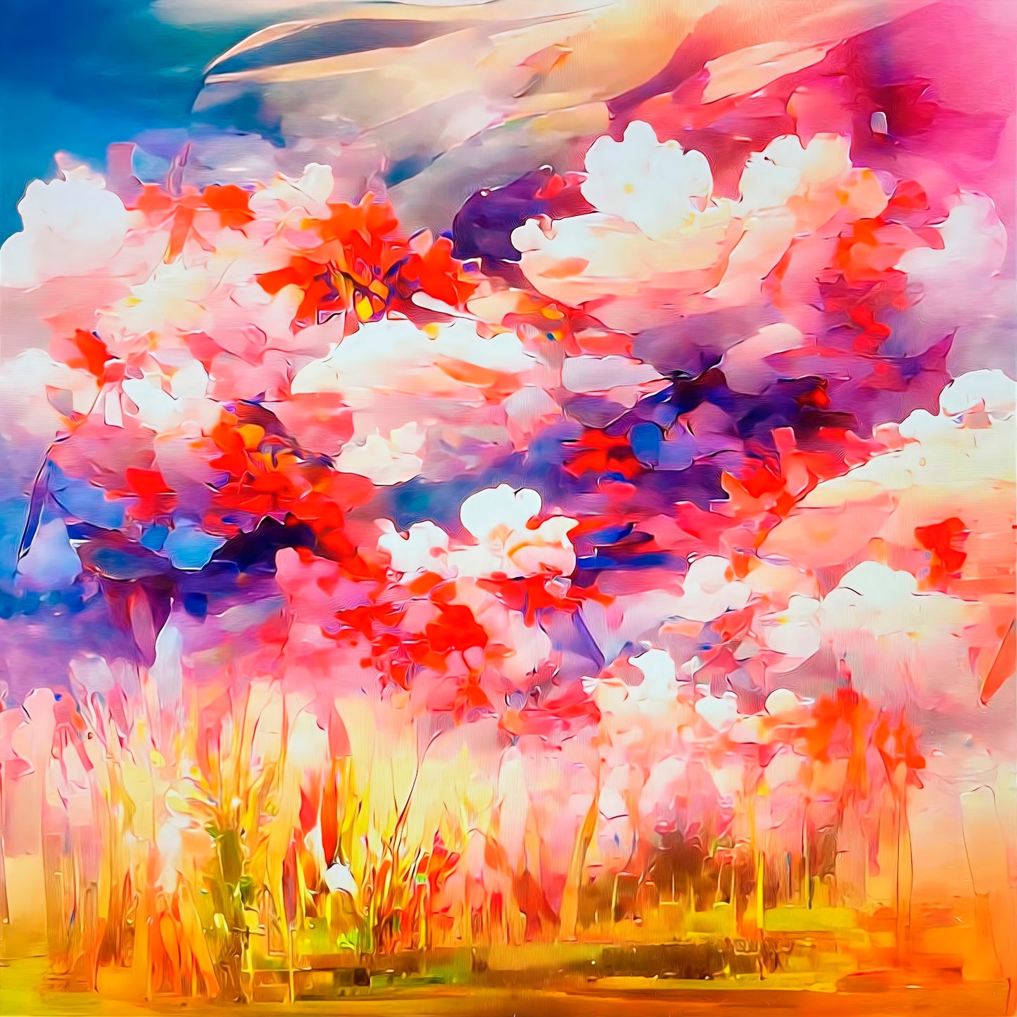 Mountain flowers against a turbulent sky, mixed media on aluminum by Maciek Peter Kozlowski.