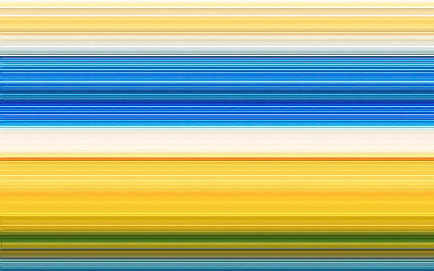Abstract beach scene with yellow sand, blue waves, and horizon on luminous metal print by Maciek Peter Kozlowski.