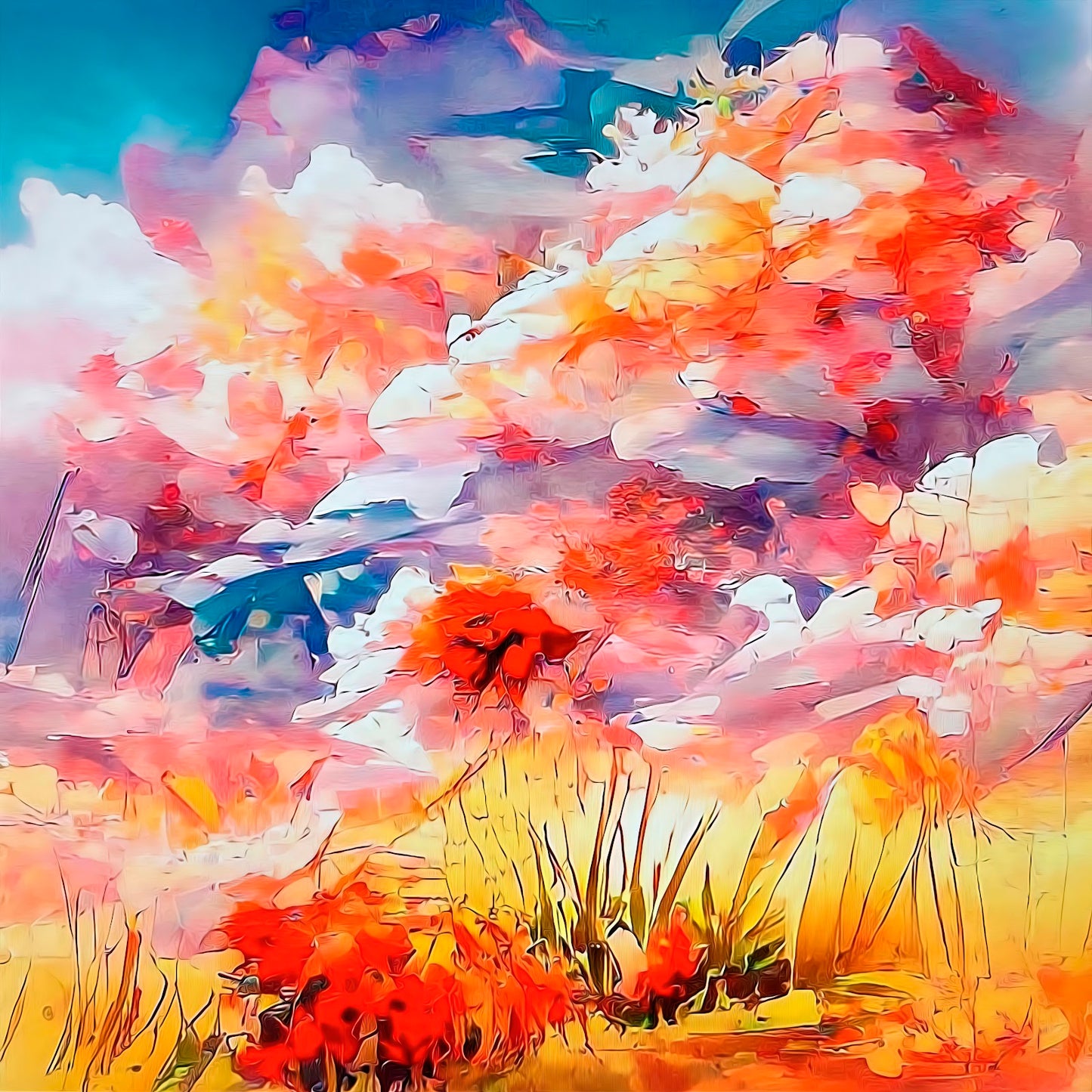 Wild flowers bloom among chaos, mixed media on aluminum by Maciek Peter Kozlowski.