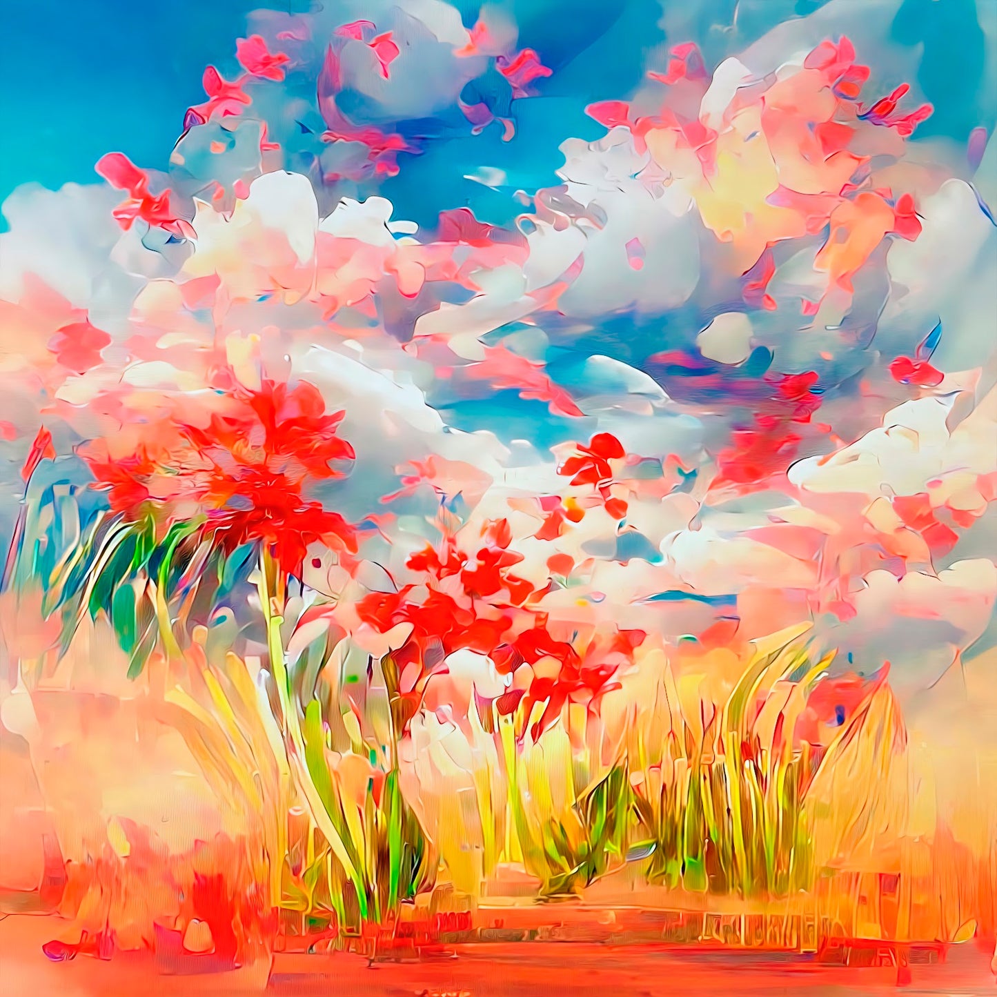 Wildflowers at high elevation with sky backdrop, mixed media on aluminum by Maciek Peter Kozlowski.