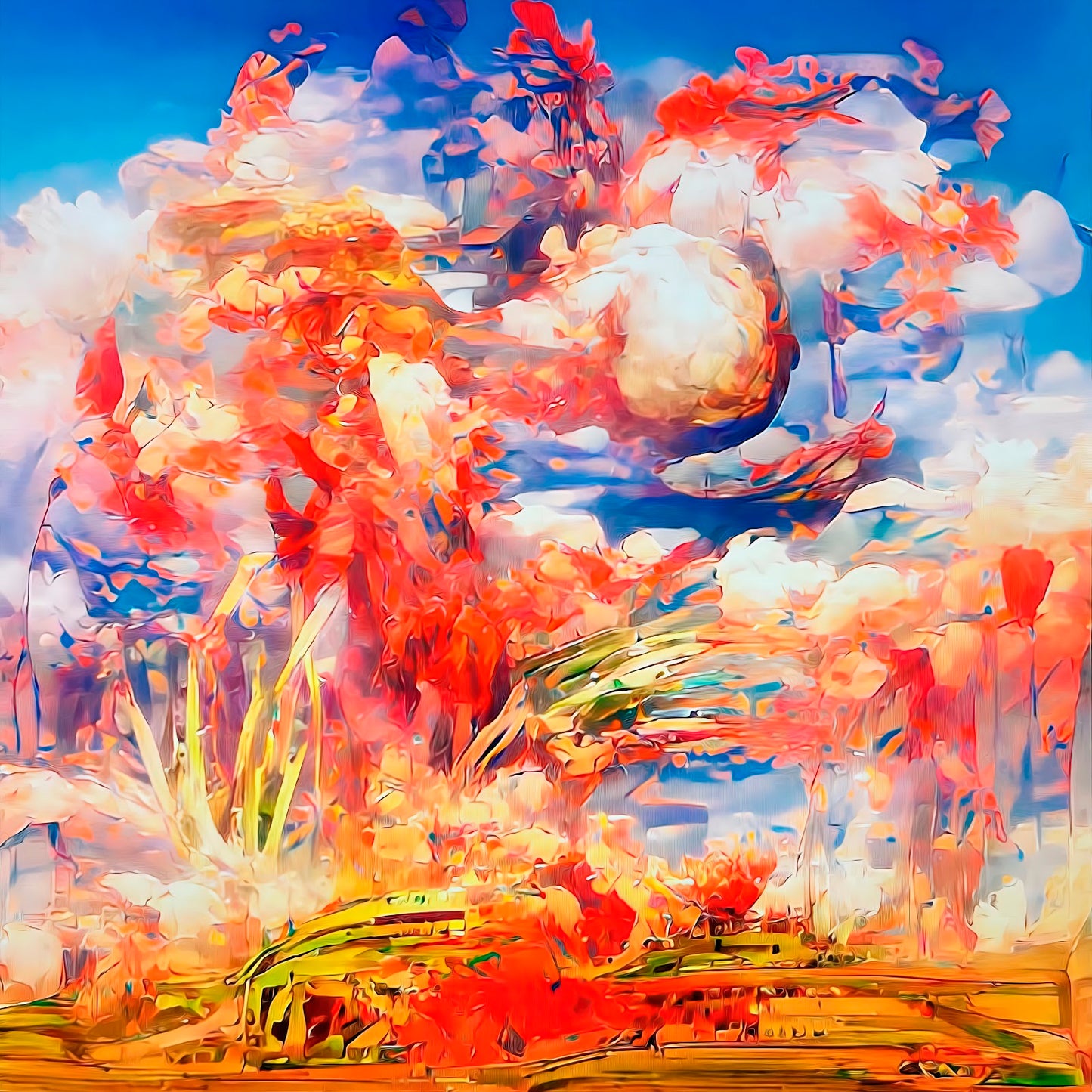 Desert landscape with wildflowers and hot winds, mixed media on aluminum by artist Maciek Peter Kozlowski.
