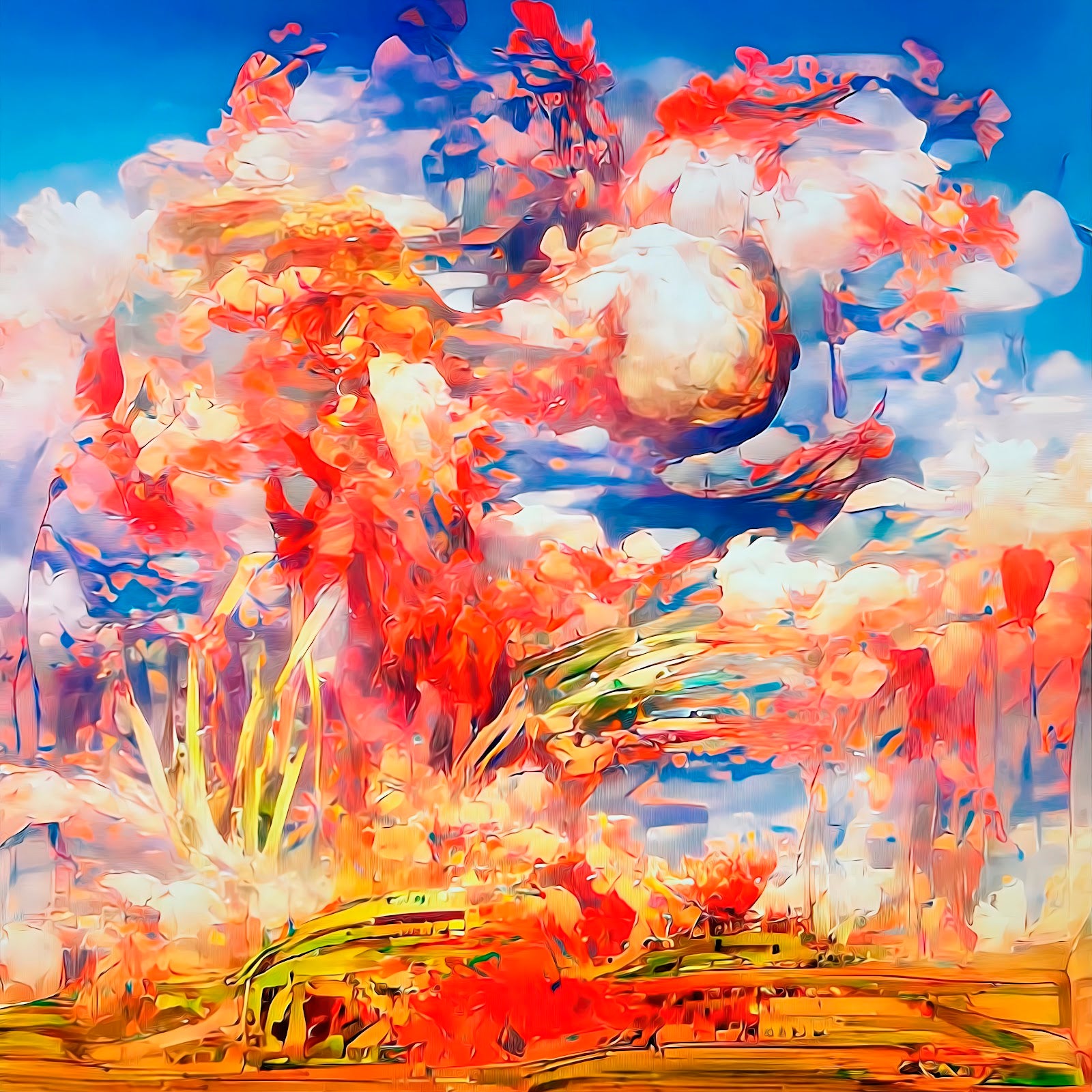 Desert landscape with wildflowers and hot winds, mixed media on aluminum by artist Maciek Peter Kozlowski.