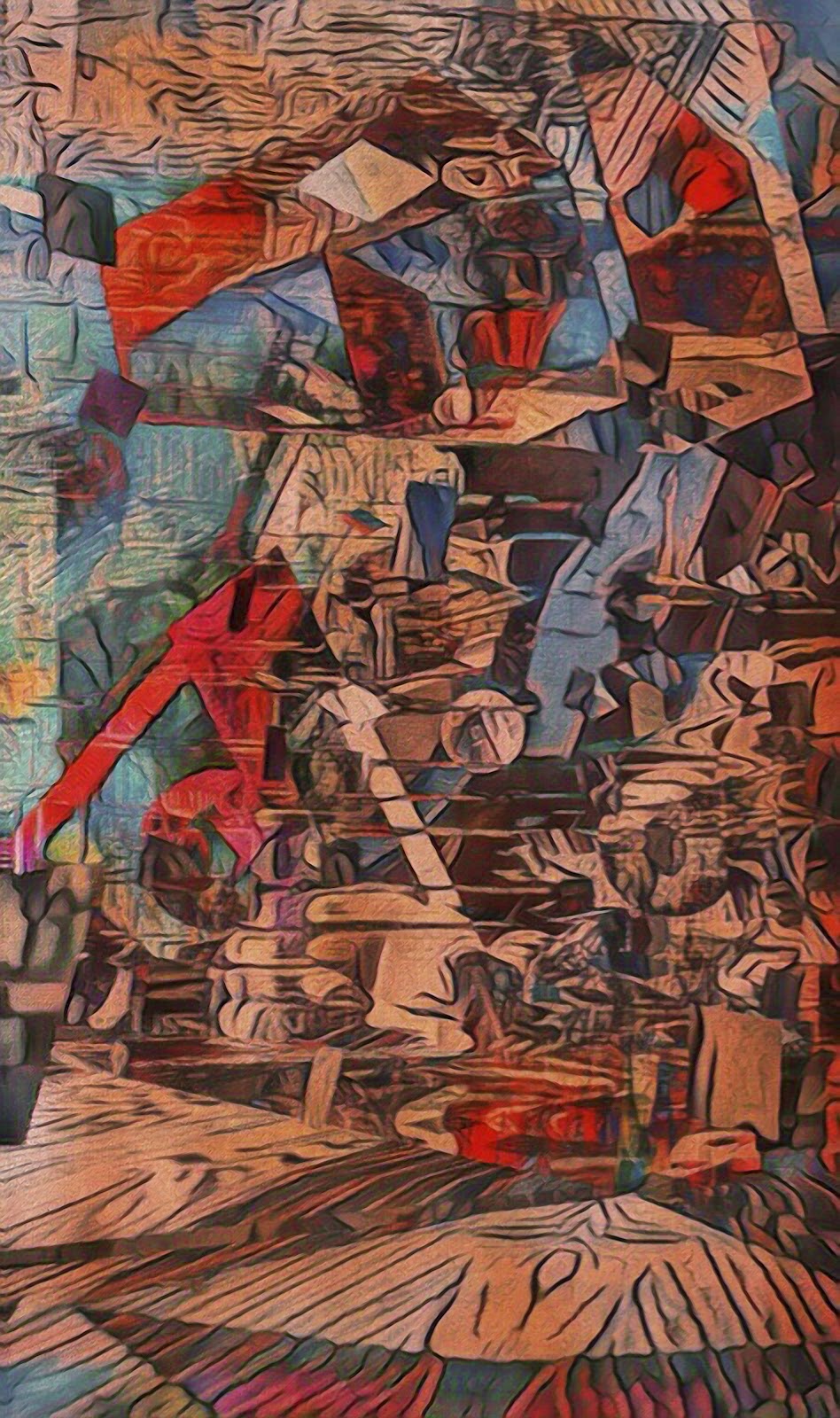 Bar maid in red dress wipes bar, surrounded by patrons in urban nightlife scene. Mixed media on aluminum by Maciek Peter Kozl