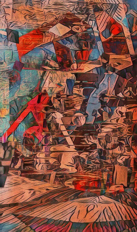 Bar maid in red dress wipes bar, surrounded by patrons in urban nightlife scene. Mixed media on aluminum by Maciek Peter Kozl