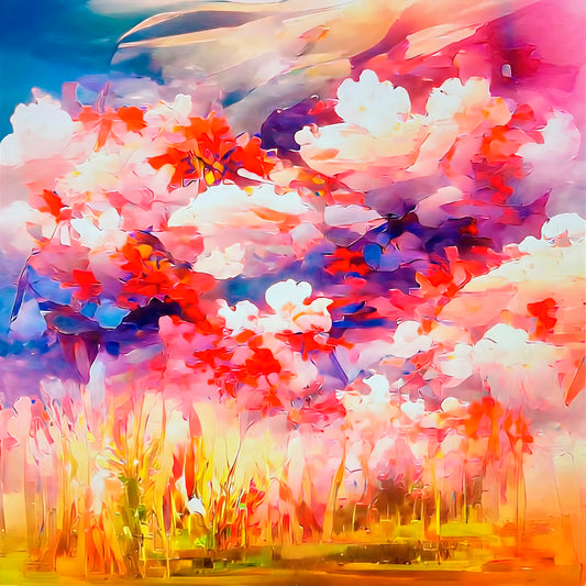 Mountain flowers against a turbulent sky, mixed media on aluminum by Maciek Peter Kozlowski.
