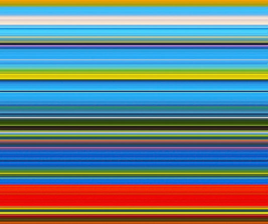 Abstract painting with cool blues and warm reds on luminous metal by artist Maciek Peter Kozlowski.