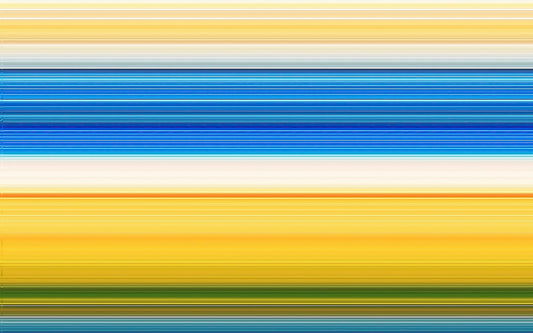 Abstract beach scene with yellow sand, blue waves, and horizon on luminous metal print by Maciek Peter Kozlowski.