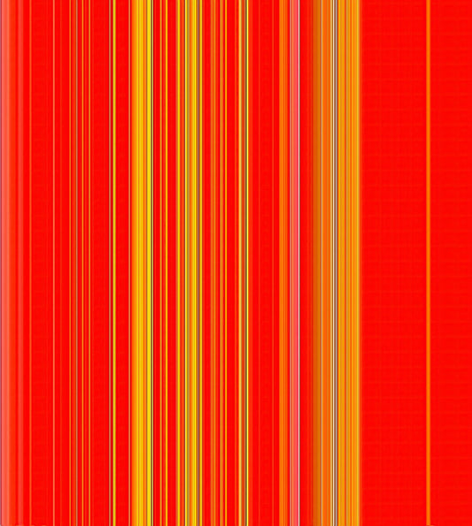 Vertical stripes of red and yellow on a luminous metal print by artist Maciek Peter Kozlowski.