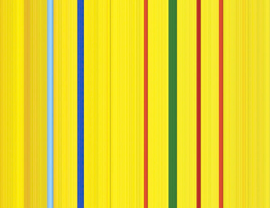 Abstract composition of yellow, red, green, and blue colors on luminous metal by artist Maciek Peter Kozlowski.