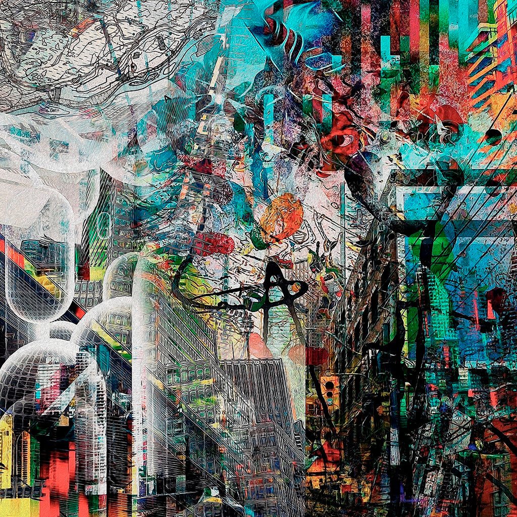 City Limits 3 Original by Maciek Peter Kozlowski, high-rise buildings layered with street art colour splashes and delicate floral elements