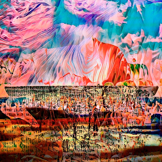 Climate Past and Future Original by Maciek Peter Kozlowski, a submarine on a San Francisco beach from a 1953 photograph with faces visible in the sky