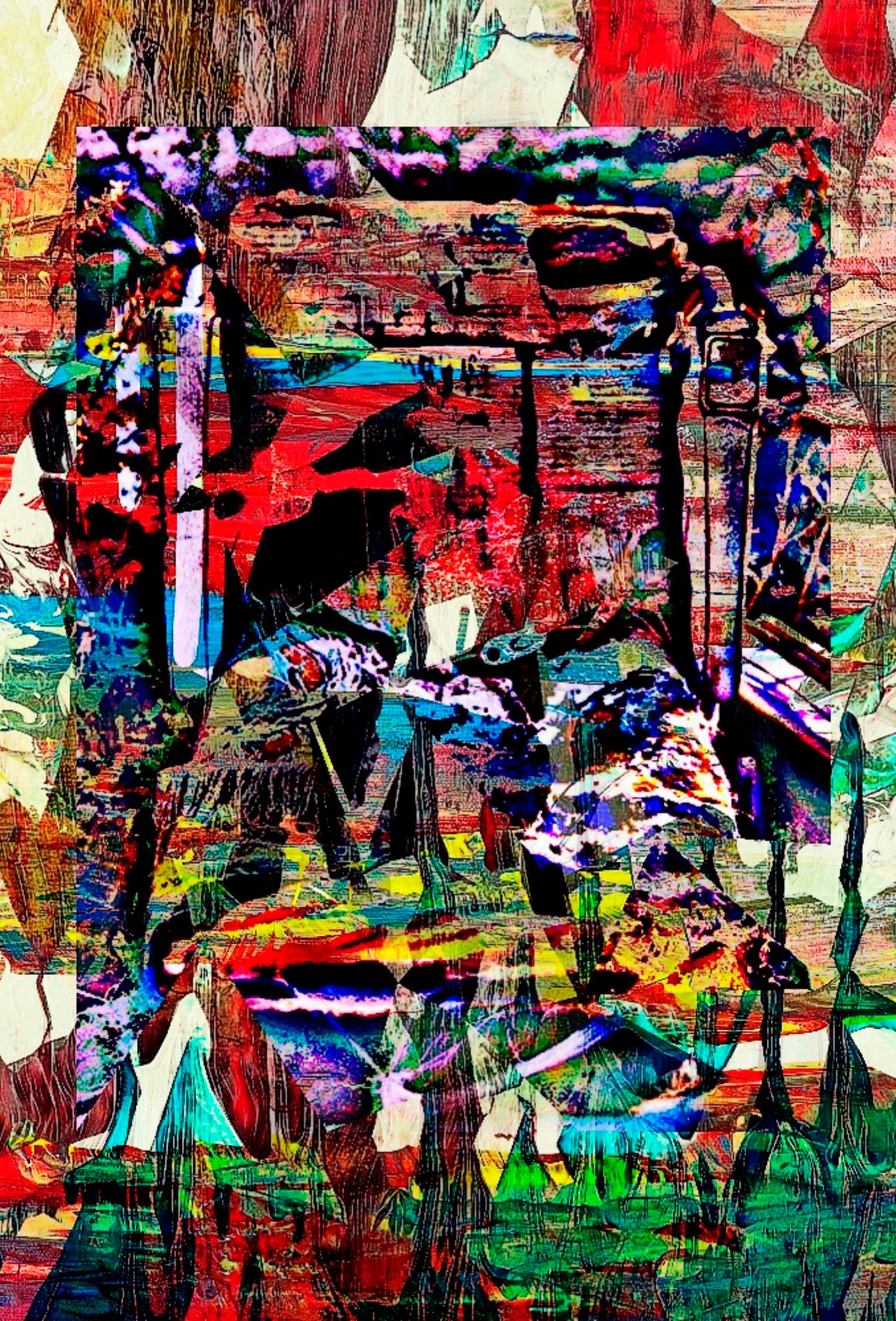 Revelation Original by Maciek Peter Kozlowski, mixed media on aluminum panel showing yellow abstract landscape forms and a purple and black sentinel face