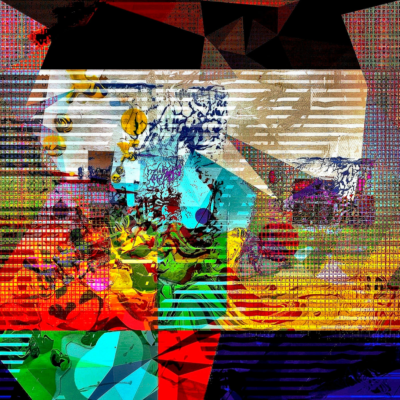 Two Best Friends with Matching Hats Original by Maciek Peter Kozlowski, two figures standing back to back in black graduation hats with abstract scenes between them