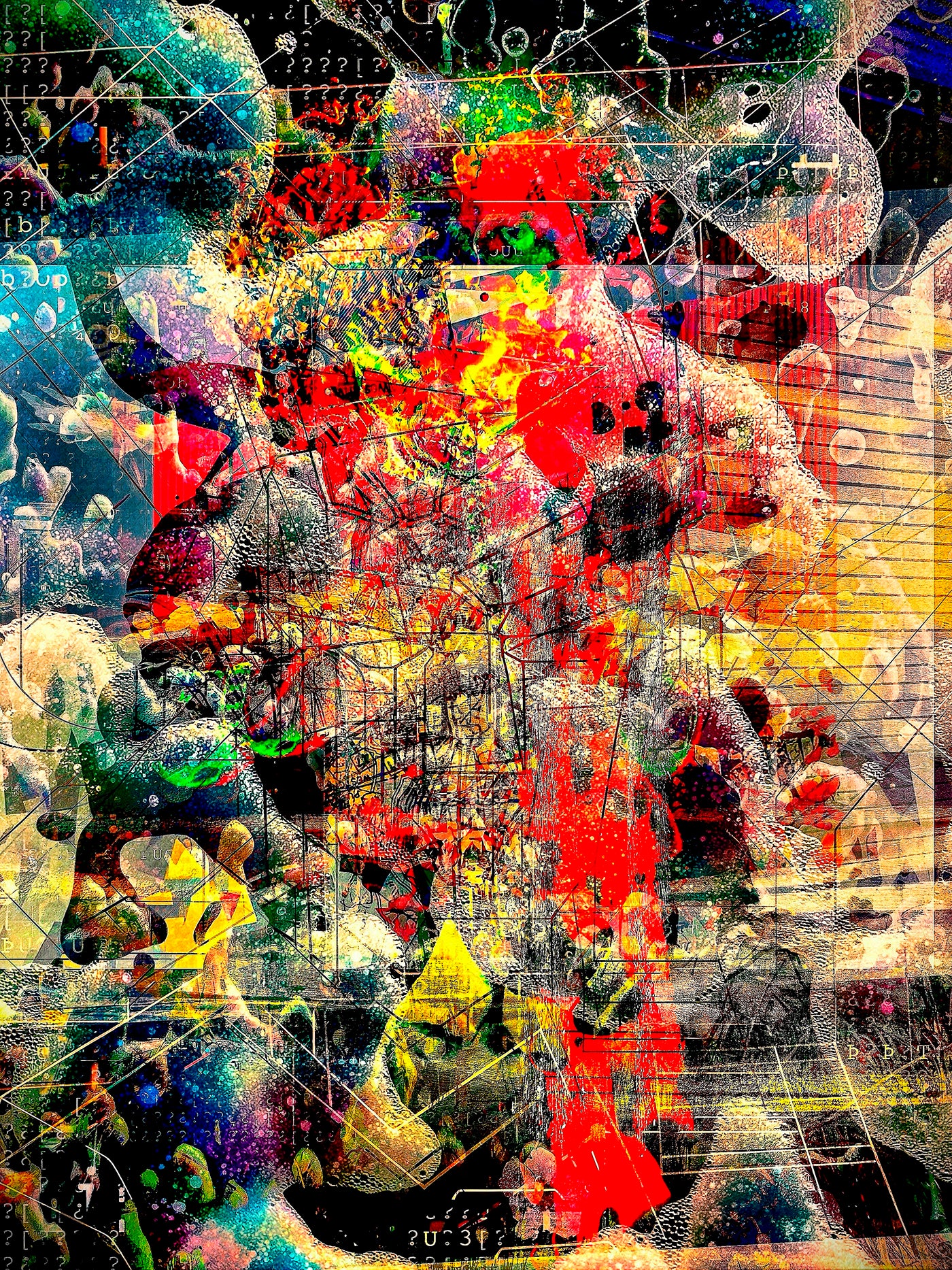Uncertainty 2025 Original by Maciek Peter Kozlowski, unsettled layered abstract shapes with a leopard head in profile upper right and a dog head lower left