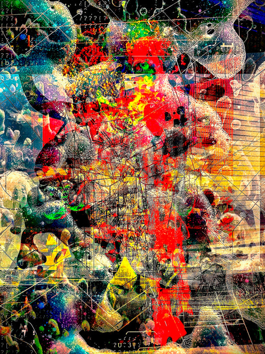 Uncertainty 2025 Original by Maciek Peter Kozlowski, unsettled layered abstract shapes with a leopard head in profile upper right and a dog head lower left