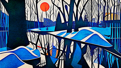 Orange Sunset on the Winter Flood Plain by Maciek Peter Kozlowski, metal print showing orange sunset over blue snow