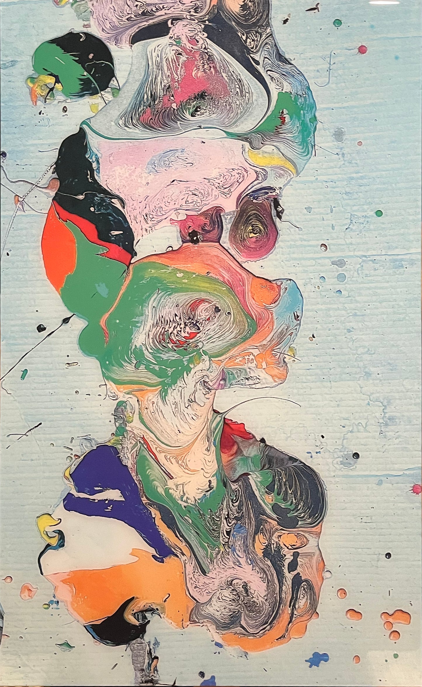 Whistling Original by Maciek Peter Kozlowski, mixed media on aluminum panel showing a dog figure in a palette of greens and blues