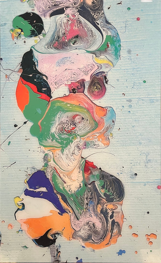 Whistling Original by Maciek Peter Kozlowski, mixed media on aluminum panel showing a dog figure in a palette of greens and blues