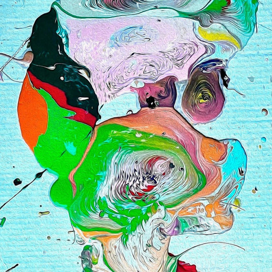 Detail of Whistling Original by Maciek Peter Kozlowski showing layered green and blue mixed media surface on aluminum panel