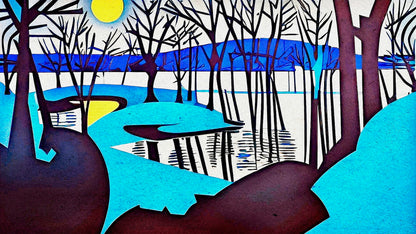 Yellow Sun on the River Flood Plain by Maciek Peter Kozlowski, metal print showing a golden sun over a frozen river